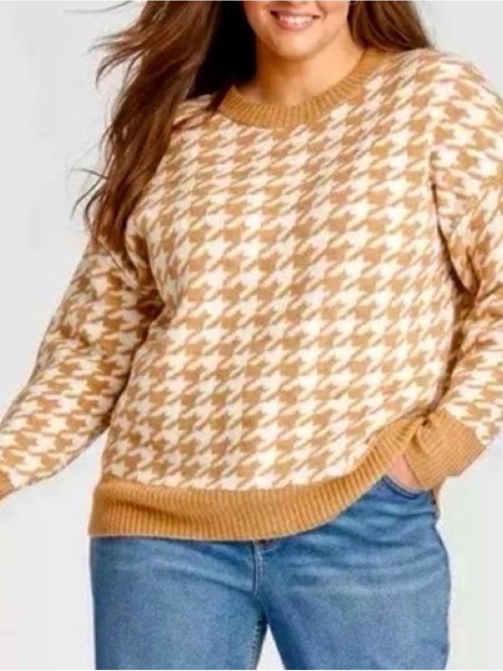 Ava & Viv Camel and Cream Houndstooth Crewneck Sweater